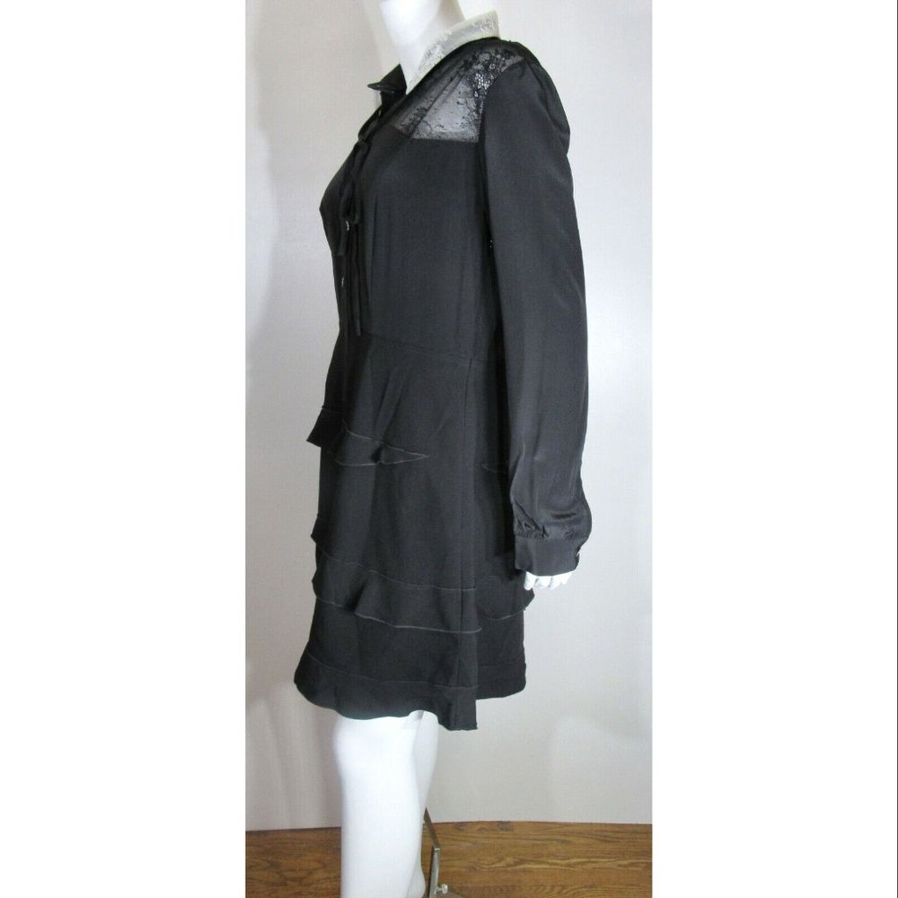 Kooples White Lace Collar Button Fron A-Line Ruffle Silk Black Dress Women's L - Picture 5 of 8